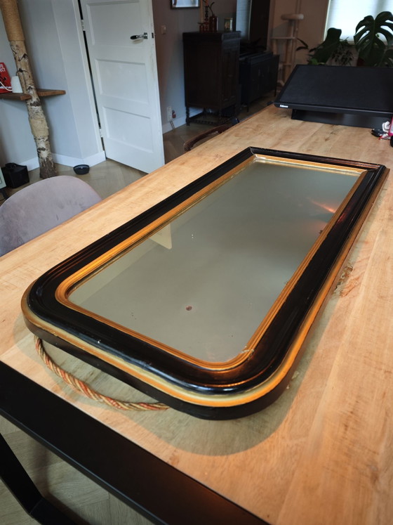 Antique black and gold wall mirror from approx. 1880, Glass, Wood (photo 15 of 15)