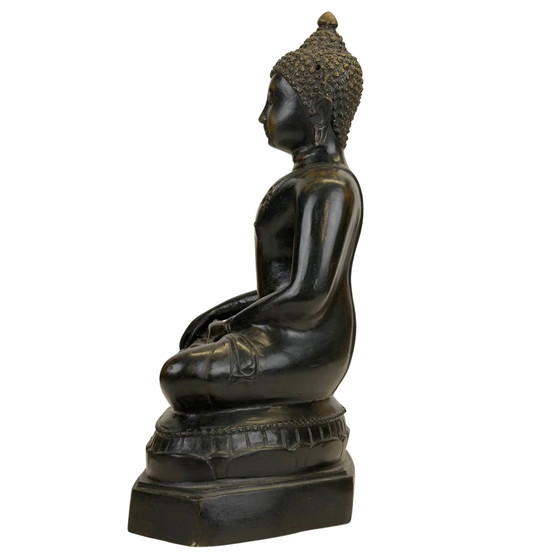Buddha Thai in Bronzo in Bhumisparsha Mudra – Patina Scura – Sculture, Bronze, Klassiek (photo 7 of 10)