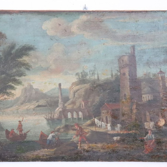 Image 1 of Paysage côtier, peinture à l'huile ancienne sur toile, Italie, XVIIIe siècle