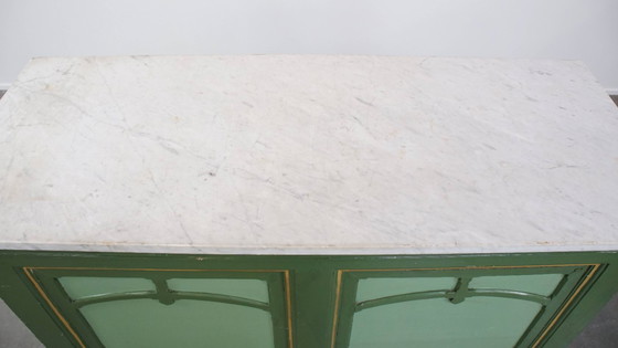 Image 1 of Antico bancone/comò verde della fine del XIX/inizio del XX secolo con piano in marmo