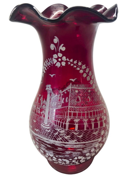 Image 1 of Vintage Bohemian Ruby Red Cut to Clear Glass Vase – Hand Blown Etched City Scene