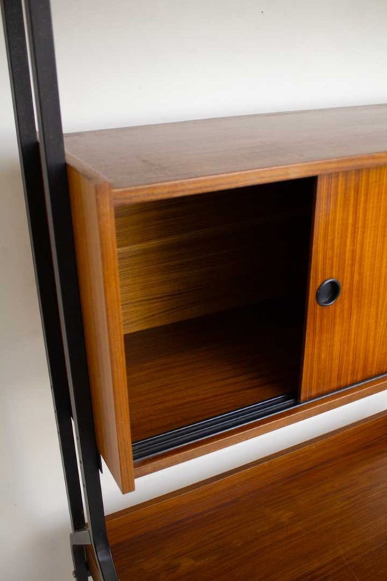 Image 1 of Vintage wall system with teak desk and black metal frame