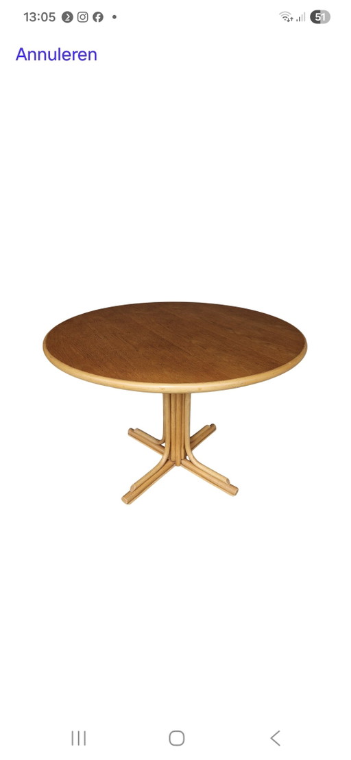 1970s round dining table bamboo table with oak top