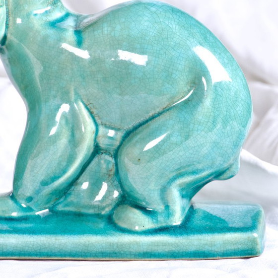 Image 1 of Art Deco Crackle-Glazed Ceramic Teddy Bear Statue Signed Lv Ceram