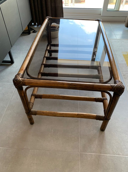 Table basse vintage avec porte-journaux intégré – salontafels, Rattan, Glass (photo 2 of 18)