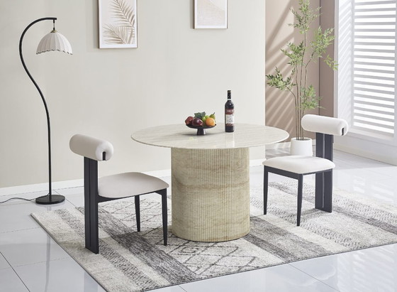 Image 1 of BAIETAA Round Dining Table 120cm – Glossy Travertine Ceramic Top & Matching Base – Natural Elegance