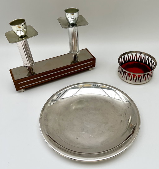 Mid-Century Tisch-Set – Kerzenleuchter, Servierschale & Flaschenhalter