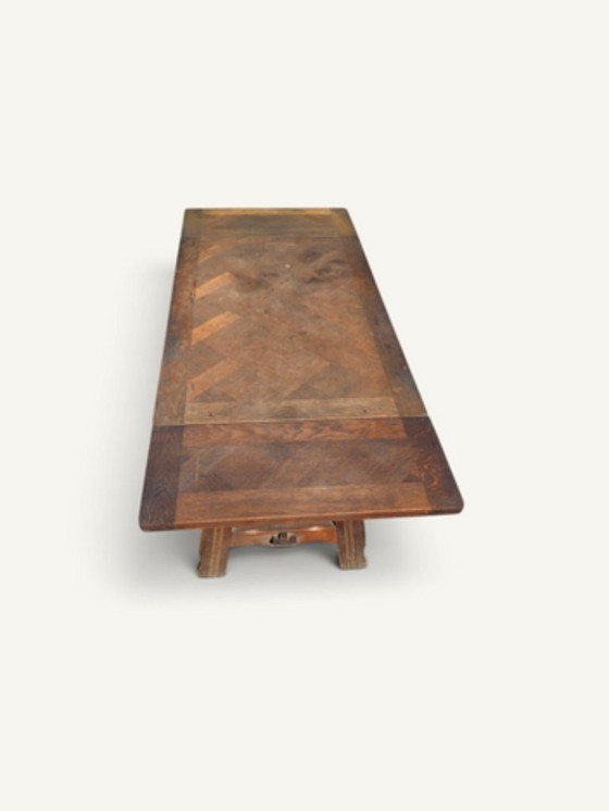Rustic Oak Parquet Dining Table with Two Extensions – Wood (photo 3 of 5)