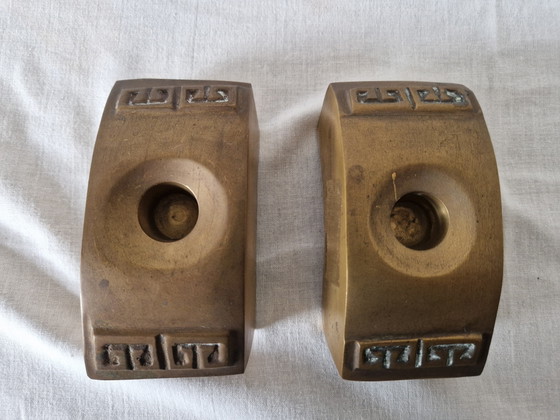 Image 1 of Portacandele brutalisti di metà secolo - Ottone/Bronzo massiccio - Anni '60/'70 (Set di 2) - Design scandinavo