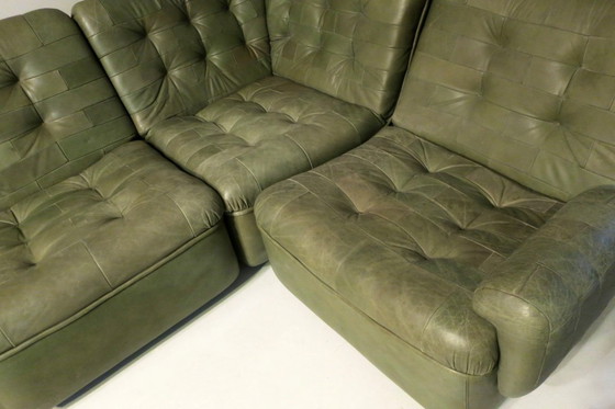 Image 1 of Patchwork Modular Sofa Set in Olive Green Patinated Leather by Laauser 1970s