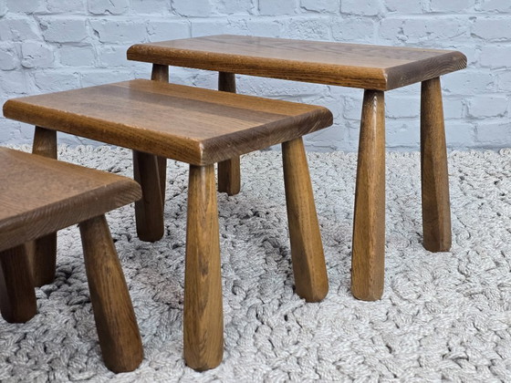 Image 1 of Tavolini/sgabelli rettangolari in rovere massello con influenze brutaliste Wabi Sabi, set di 3, anni '60.