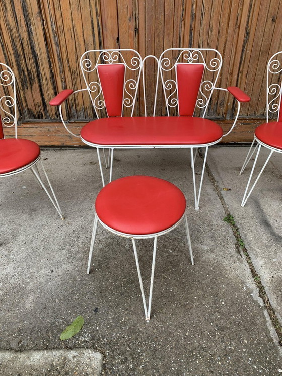 White Metal & Red Leatherette Garden Set, 1968, Set of 4, Mid Century Modern (photo 3 of 9)