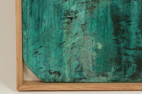 Image 1 of Bas-relief sign reading "Think outside the box!" in patinated wood. Contemporary