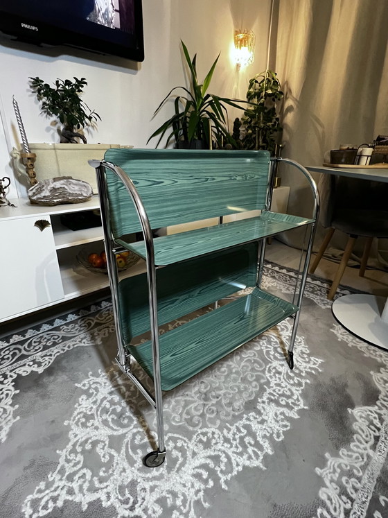 Image 1 of Carrello di servizio vintage, carrello bar, cromato, anni '70, carrello pieghevole con ruote, carrello da pranzo