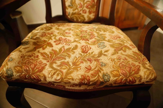 Image 1 of Antique Queen Anne Revival Carver Armchair with Floral Tapestry Upholstery 