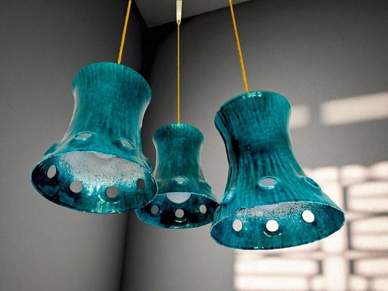 Image 1 of Lampadario a sospensione a cascata a 3 luci in ghisa verde, 1960