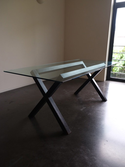 Glass dining table with wooden base 200x90cm