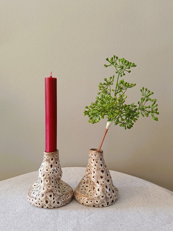 Organic Vintage Ceramic Vases / Candle Holders with Speckled Reactive Glaze. (photo 3 of 9)