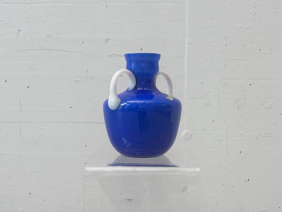 Image 1 of Handle vase made of blue opal glass by Opalina Fiorentina, Italy, 1960s