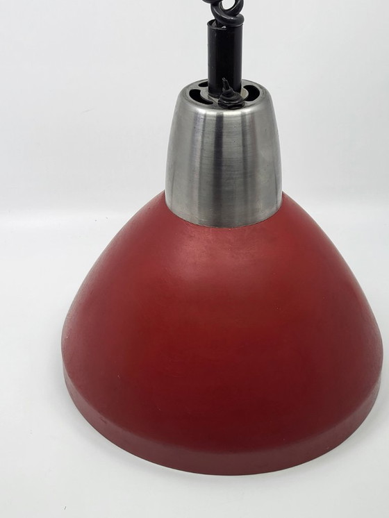Image 1 of Vintage 1950s Red Metal Industrial Pendant Light