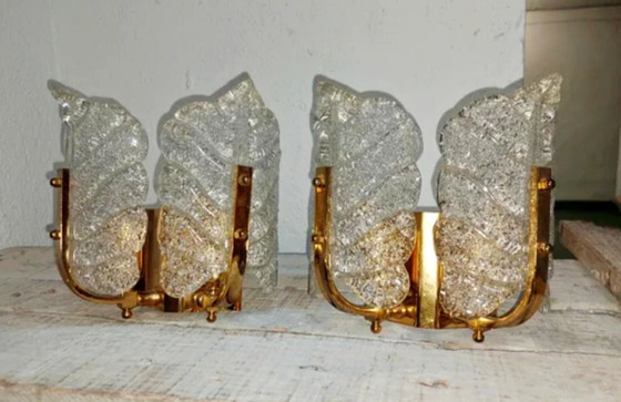 Image 1 of Zeldzaam paar "Leaves" kunstglazen wandlampen van Carl Fagerlund voor Orrefors - Zweden, jaren 1960-1970