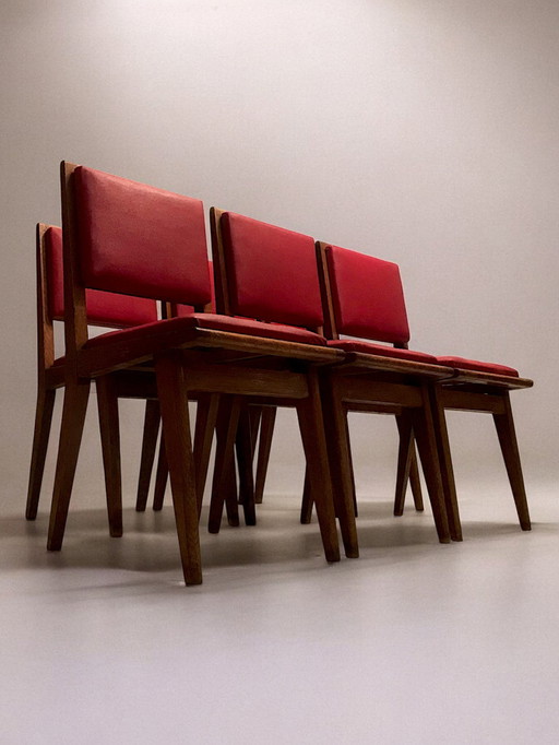 C. 1960 - Suite of Six Scandinavian Chairs in Red Skaï - Art Déco - France