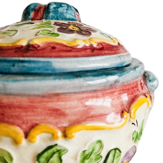 Image 1 of Vintage mid-century hand-painted bonbonnière Rigo Majolica flower lidded jar 1950s