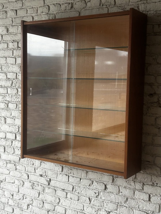 Wall display cabinet with glass sliding doors, brown wood, Mid Century Modern (photo 12 of 14)