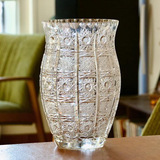 Image 1 of Large Antique Bohemian Crystal Vase Hand-Cut Queen's Lace