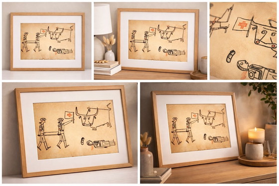 Image 1 of Vintage Mid-Century Tekening | Spaanse Stier & Matador | Outsider Art Gallery Wall