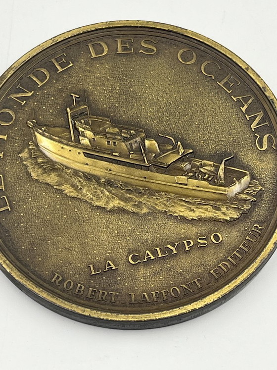Kommandant Jacques-Yves Cousteau Medaille von R. Duboc, Robert Laffont, Dekorative Objekte, Bronze, Gold (Foto 8 von 9)