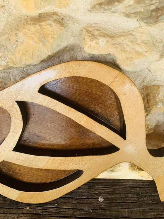 Image 1 of Vintage, Scandinavische houten vissculptuur van A. Hiben, 1977.