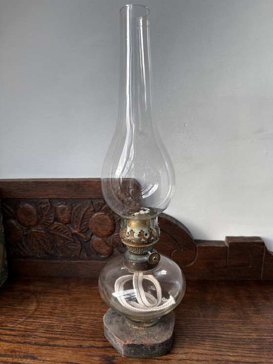 Image 1 of Vintage Oil Lamp with Glass Chimney and Brass Burner – Timeless Domestic Light