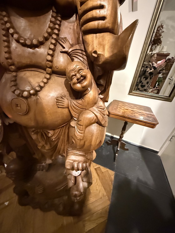 Image 1 of Antique Life-Size Hand-Carved Wooden Buddha (Budai) – Exceptional Statement Piece