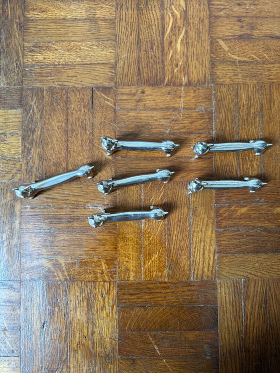 Image 1 of Set di 6 poggiacoltelli a forma di gatto in metallo argentato