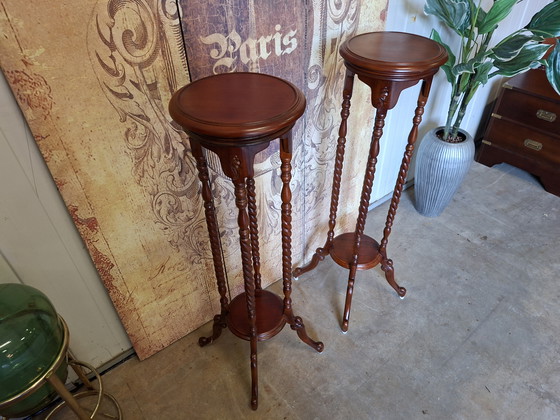 Image 1 of Classic mahogany wooden plant tables side tables, dimensions 28x28cm and 100cm high.