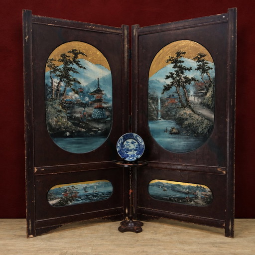 Vintage Rood Chinees Kamerscherm (Traditioneel Landschap Tempels) Oosters / Bohemian Paravent – kamerschermen, Wood