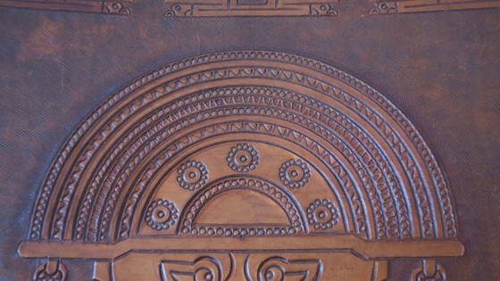 Image 1 of Chaise pliante Tiahuanaco Design en teck et cuir repoussé, conçue par Angel I. Pazmino, Équateur, années 1970
