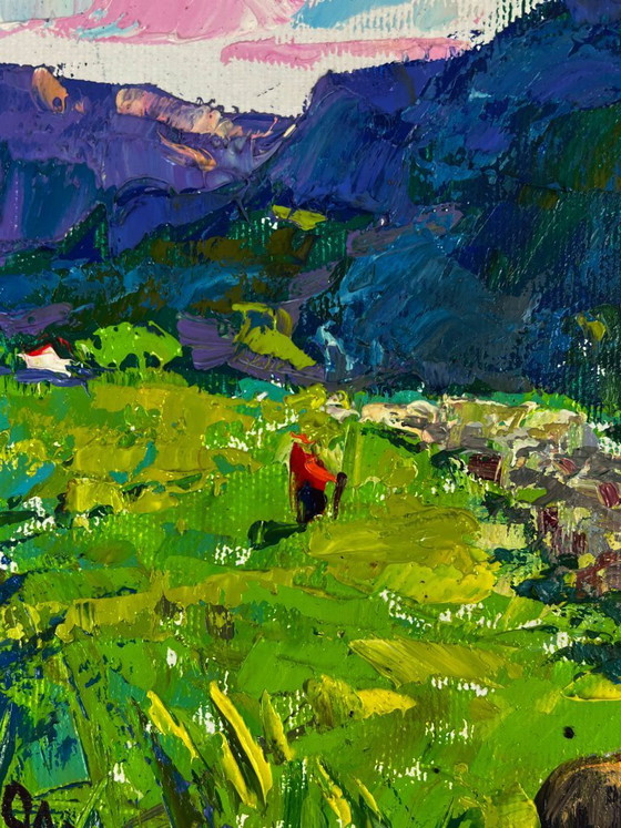 Image 1 of Peinture à l'huile originale représentant un paysage naturel de prairies au pied des montagnes