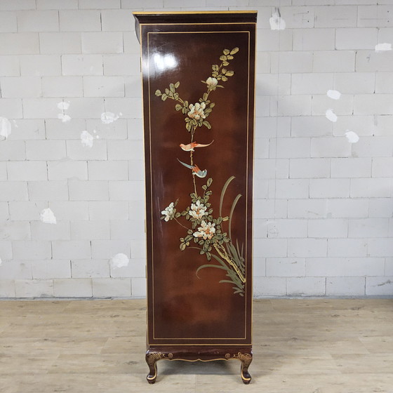 Image 1 of Vintage Chinese cabinet gold leaf flowers and peacocks and birds / oriental cabinet / bohemian cabinet / Asian cabinet