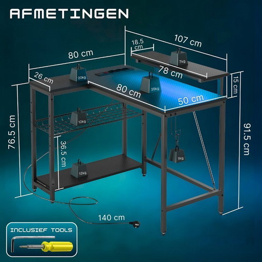 Five Stars® L-Shaped Game Desk - 107x80x76 cm - Game Desk with LED Lighting - Black Carbon - Corner Desk