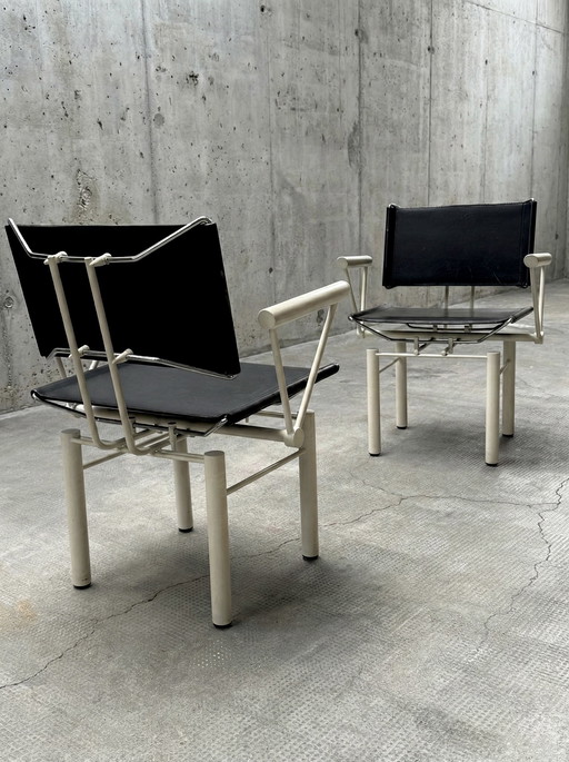 2x SEDIE “SERIE 8600” KUSCH & CO. BRUTALISTA PELLE NERO ACCIAIO BIANCO ANNI '80