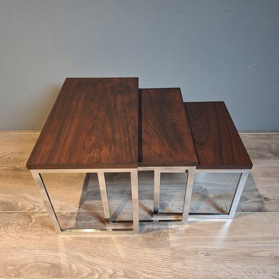Image 1 of Tables gigognes style Mid-Century Chrome et Palissandre. Ensemble de 3.