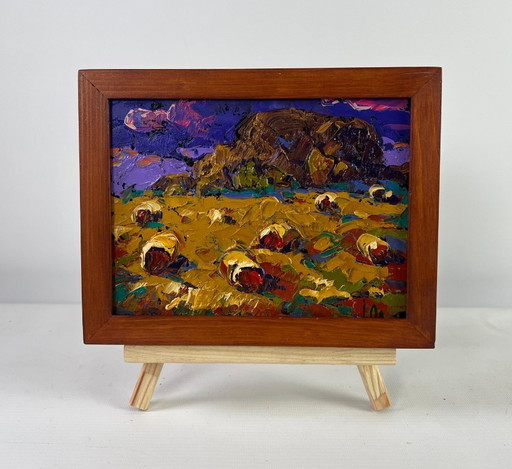 Original Oil Painting Evening Field Landscape Wind in the stubble