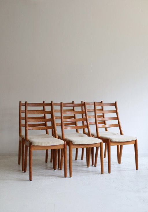 Set of 6 J.K. Møbler dining chairs – eetkamerstoelen, Wood, Textile