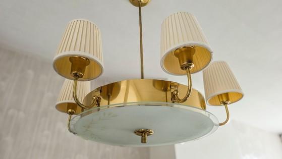 Lustre vintage en laiton, style milieu du siècle, années 1950 – Glass, Textile (photo 7 of 7)