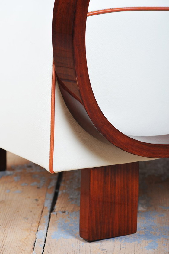 Gerestaureerde art-deco fauteuil, walnoothout, leer, gerestaureerde Poolse afwerking, Tsjechisch, jaren 1930 (photo 5 of 12)