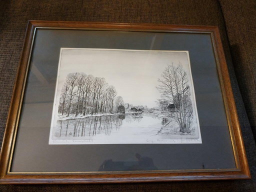 Hans Willi Koch, 1976, Etching of a German river landscape somewhere on the Rhine