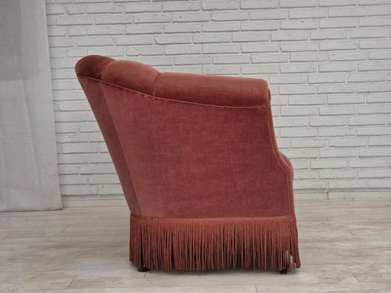 Anni '60, Divano danese 2 posti, velluto d'arredamento rosa originale. – Divani 2 posti, Velvet, Wood (photo 10 of 21)