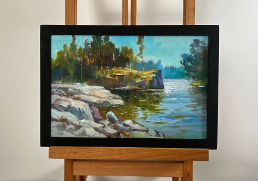 Original Oil Painting Summer Forest Landscape Walk along the river